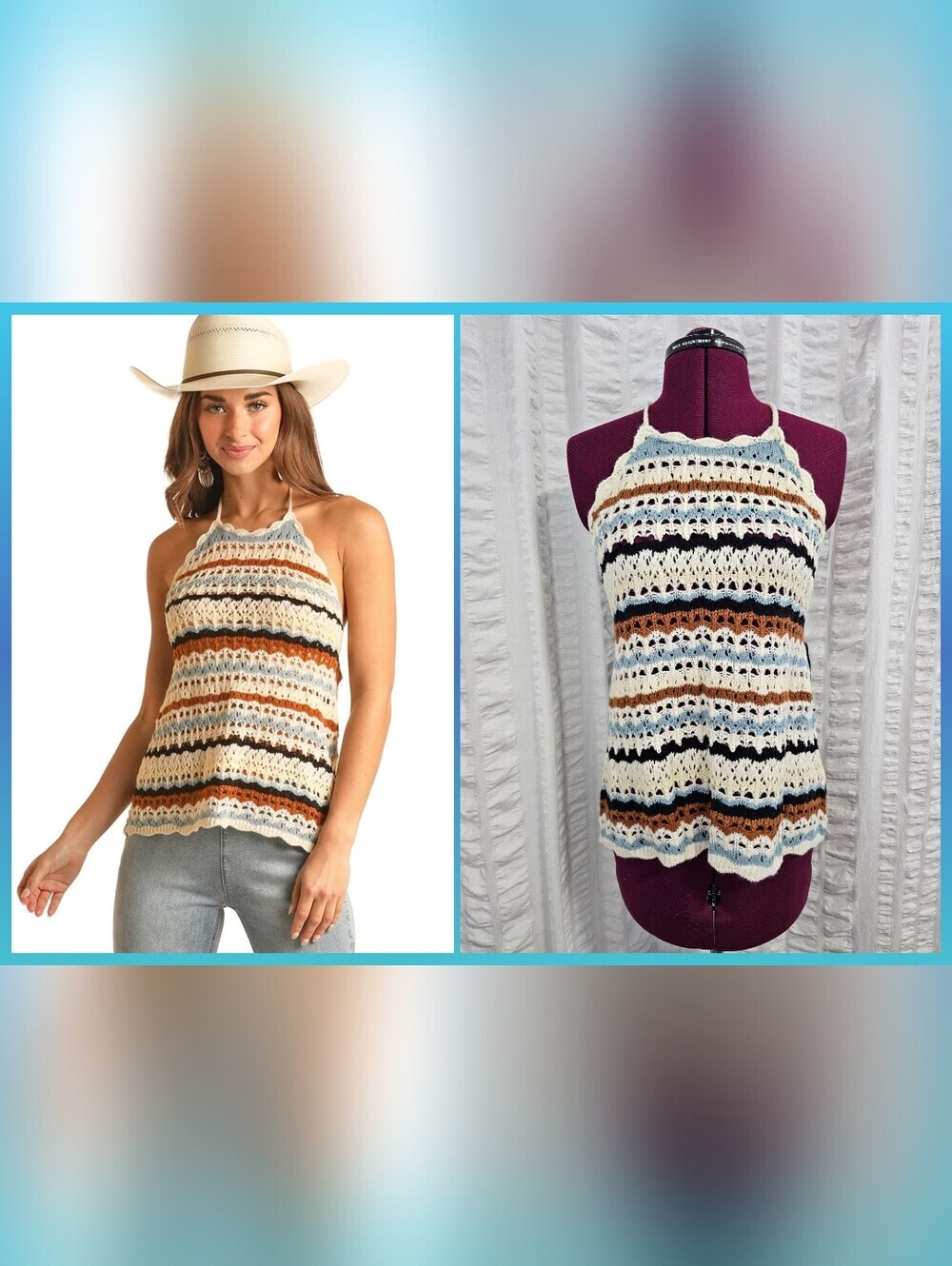 Rock & Roll Denim Cowgirl Western Boho Crochet Open Knitted Halter Tank